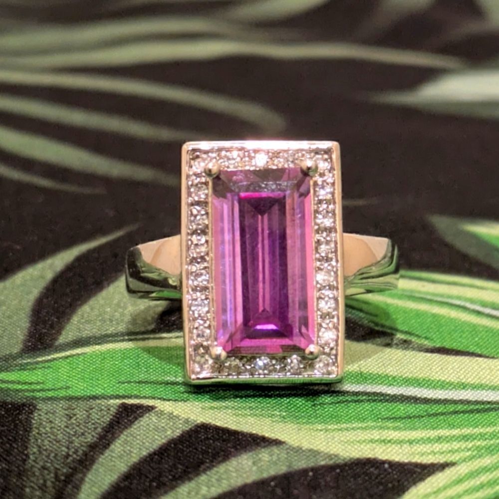 Size 10 Silver Plated Ring with Huge Purple Cubic Zirconia and Faux Diamonds